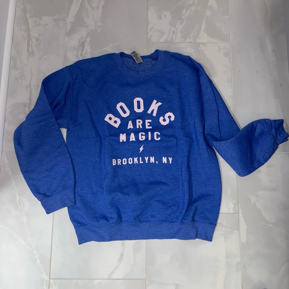 Books Are Magic Blue Crewneck Sweatshirt Medium New for Bookworm Book Lover